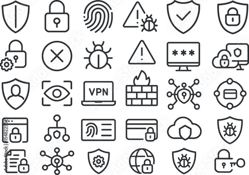 30 Cybersecurity Line Icons – Minimalist Black Vector Set for Tech and Data Protection