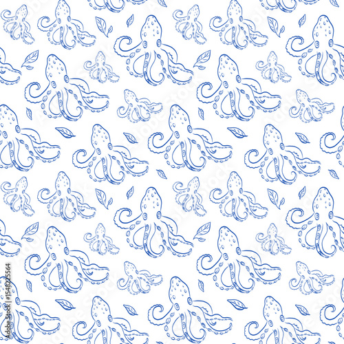 Octopus seamless Pattern in Beautiful Shades of Blue and White Tones