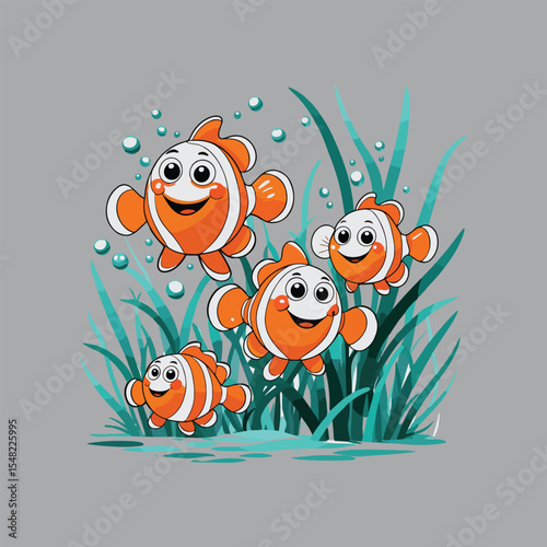 Happy Clownfish Family in Underwater Grassy Garden