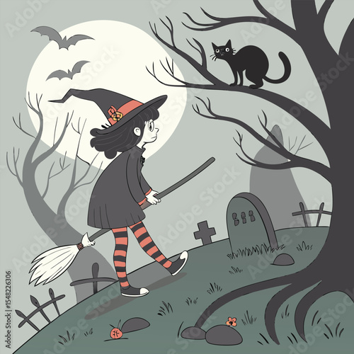 halloween witch with broom in graveyard at night
