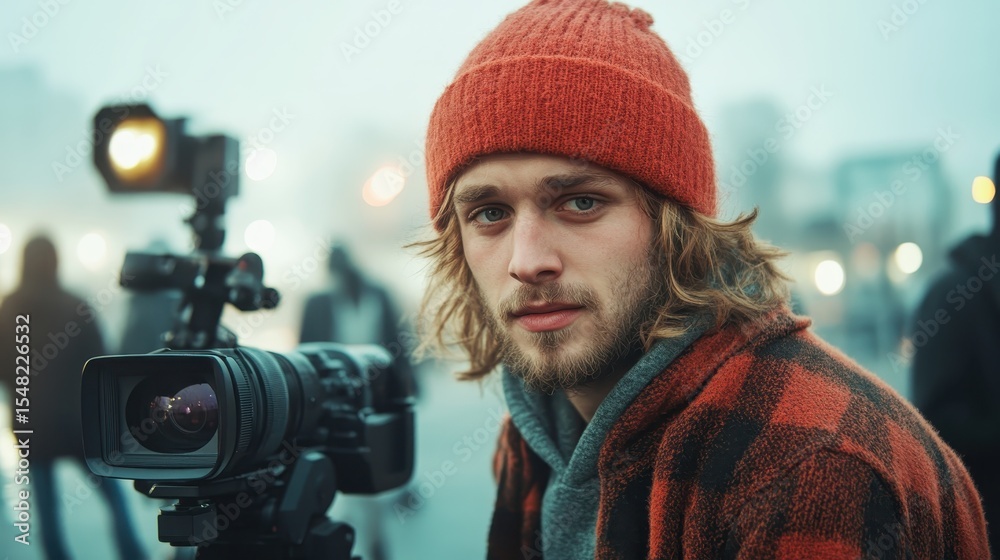 Obraz premium A young man wearing a beanie captures moments with his camera in an urban environment, expressing the creativity and passion of photography in a cool, foggy atmosphere.