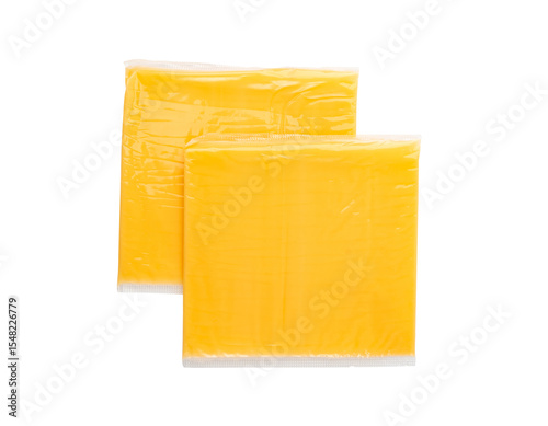 American cheese, processed cheese slice, wrapped thin yellow cheddar in a plastic package