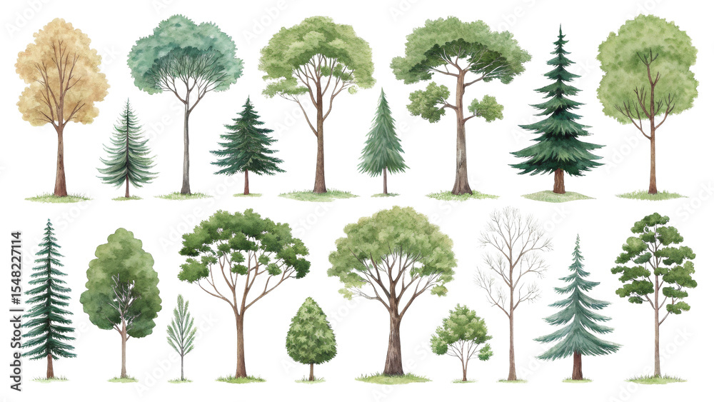 Fototapeta premium Watercolor Tree Collection 24 Isolated Trees on Transparent Background, Nature, Forest, Trees, Watercolor, Illustration