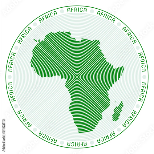 Africa round logo design. Continent shape build of rings. Africa text around the continent. Vector Illustration.