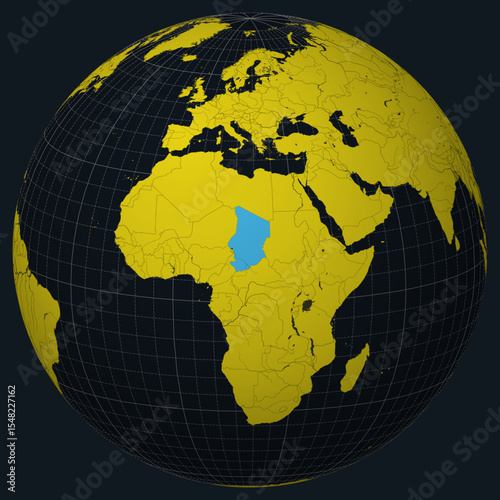 Republic of Chad on Globe. Country view on the world map in Charcoal Bright Yellow color palette. Chad shape on map. Globe with meridians, parallels, countries, rivers and lakes.
