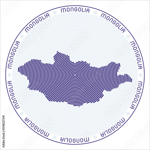 Mongolia round logo design. Country shape build of rings. Mongolia text around the country. Vector Illustration.