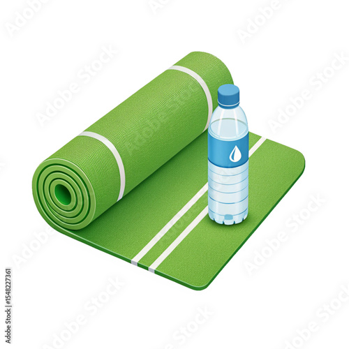 3D icon of a yoga mat rolled out with a water bottle beside it, health and fitness theme..