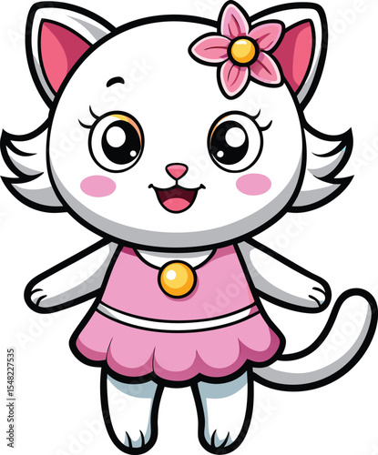 Adorable cartoon cat character wearing pink dress and flower for children's illustration