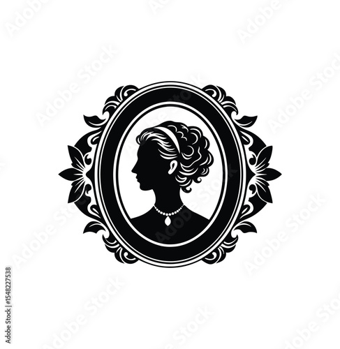 Victorian woman silhouette, ornate frame, vector illustration on white background 