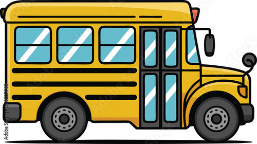 Cartoon illustration of a bright yellow school bus with big windows and open doors