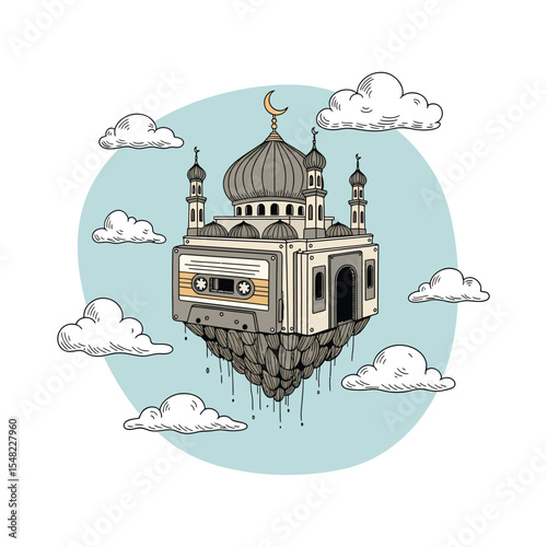 Illustrated Mosque on Cassette Tape Island with Crescent Moon Topper.