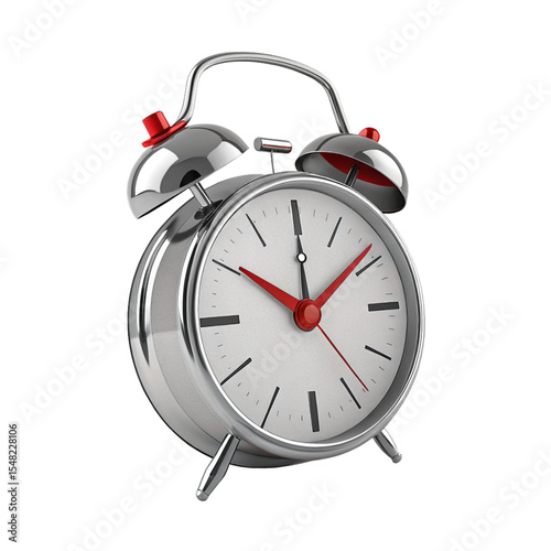 3D icon of alarm clock with metallic frame and red hands, minimal design on white background..
