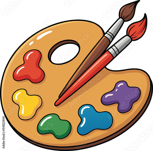 Cartoon illustration of an artist's palette with paint and two paintbrushes for art and creativity