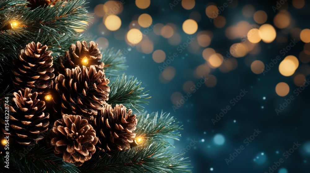 Obraz premium A close-up shot of pinecones adorned with twinkling lights, capturing the festive spirit of winter and the charm of holiday decorations in a serene and enchanting atmosphere.