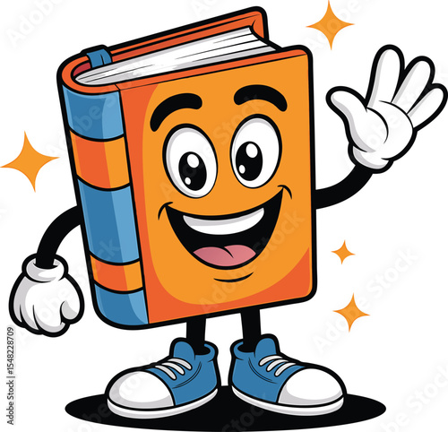 Cheerful cartoon book mascot character waving and smiling with sparkles ready to learn
