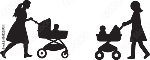 Silhouette of mothers walking with baby strollers