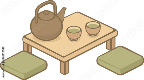 A cozy isometric illustration of a traditional Japanese tea setup featuring a low wooden table with a teapot, teacups, floor cushions, and a separate tray with matcha tools.
