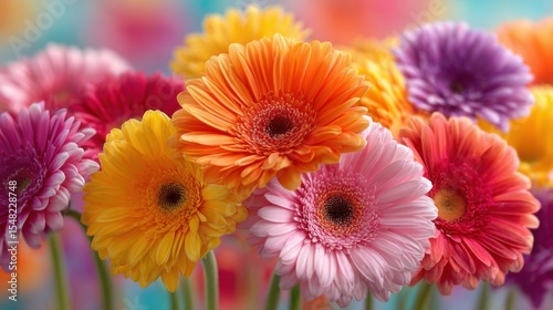 Vibrant gerbera daisies bloom in a rainbow of colors, showcasing pink, orange, yellow, and purple flowers. This lively display adds cheerfulness to any space.
