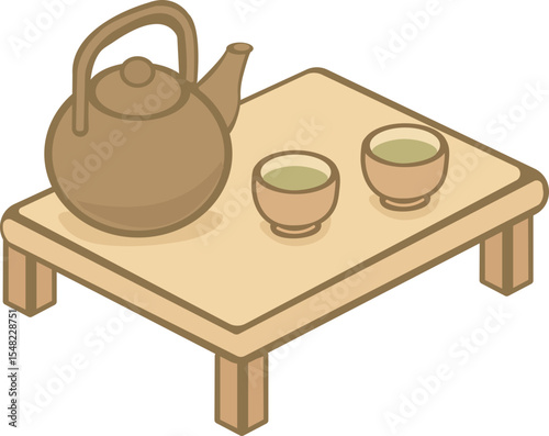 A minimalist isometric illustration of a traditional Japanese tea setup featuring a teapot and two tea cups on a low wooden table.