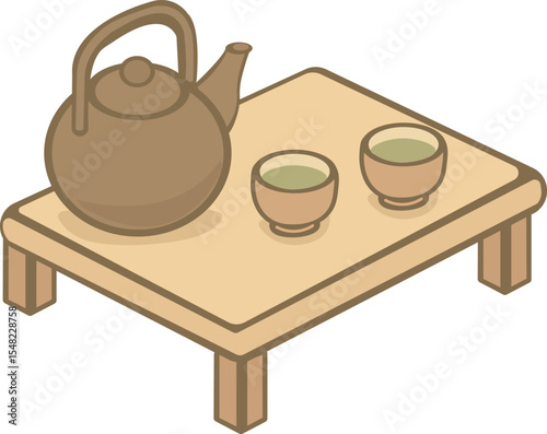 A minimalist isometric illustration of a traditional Japanese tea setup featuring a teapot and two tea cups on a low wooden table.