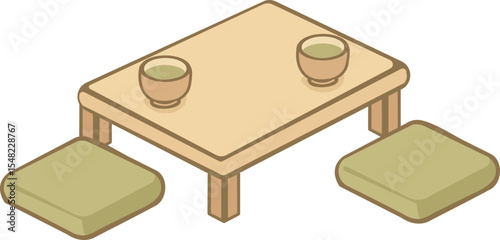 A simple isometric illustration of a traditional Japanese tea setup with two green tea cups on a low wooden table and two floor cushions.