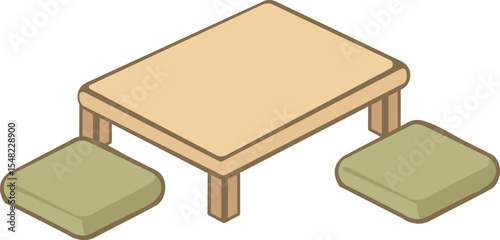 
This is a cute isometric illustration of a low wooden tea table and cushions on the floor, reminiscent of the peaceful traditional atmosphere of a tea party.
