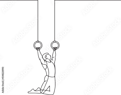  continuous line drawing of a gymnast performing on hanging rings in a dynamic strength pose on white background

