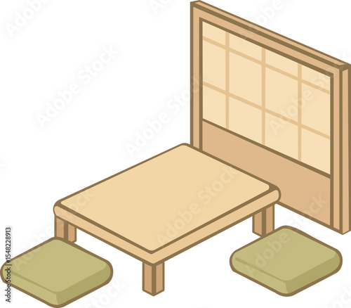 A minimalist isometric illustration of a traditional Japanese-style tea room with a low wooden table, two floor cushions, and a shoji screen.