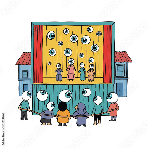 Whimsical Eye-Headed Figures Watching Puppet Show with Numerous Eyes.