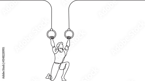  continuous line drawing of a gymnast performing on hanging rings in a dynamic strength pose on white background

