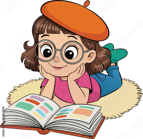 Cheerful girl reading a book while lying down on a fluffy rug smiling happily