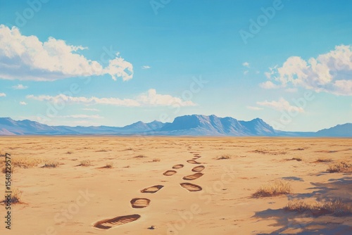 A lone trail of footprints crosses a vast sandy shore