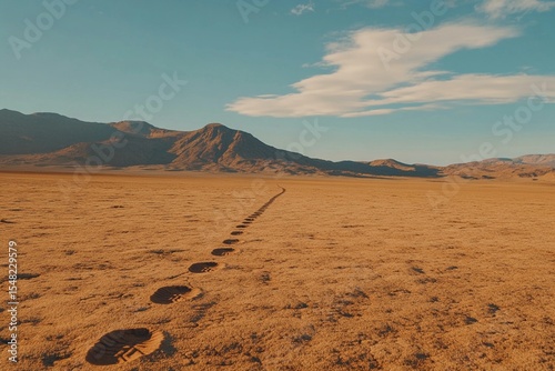 A lone trail of footprints crosses a vast sandy shore