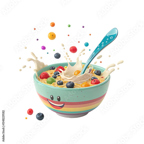 3D render icon of a bowl of cereal with spoon, colorful milk splashes, cheerful mood.