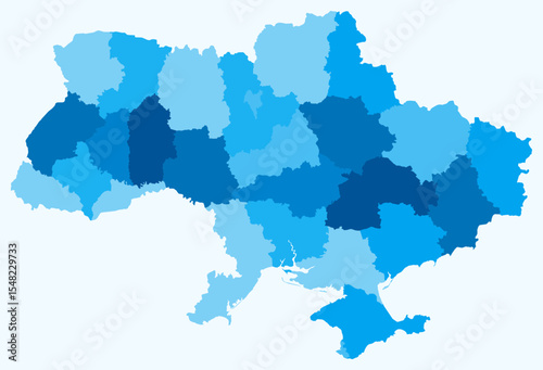 Map of Ukraine with regions. Just a simple country border map with region division. Light blue color palette. Plain Ukraine shape with administrative division. Vector illustration.