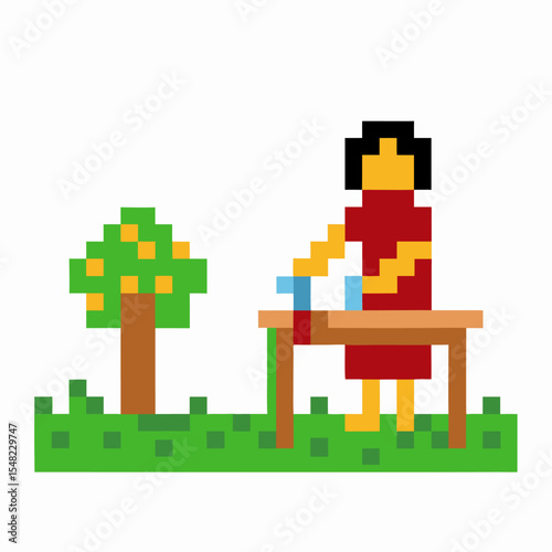 Pixel art woman gardening outdoors female character cutting tree branches beside table, simple grass ground, blocky illustration