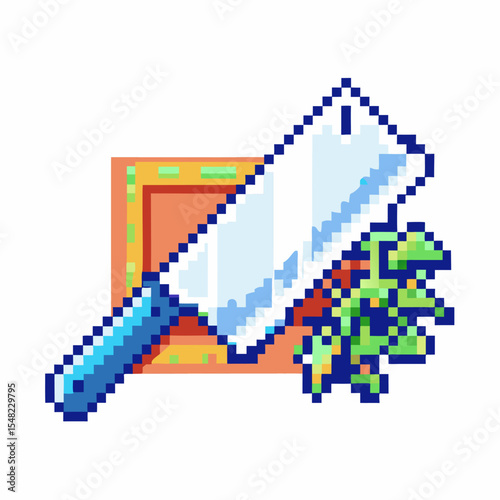 Pixel art kitchen scene with cleaver knife, wooden cutting board, and freshly chopped herbs for cooking preparation