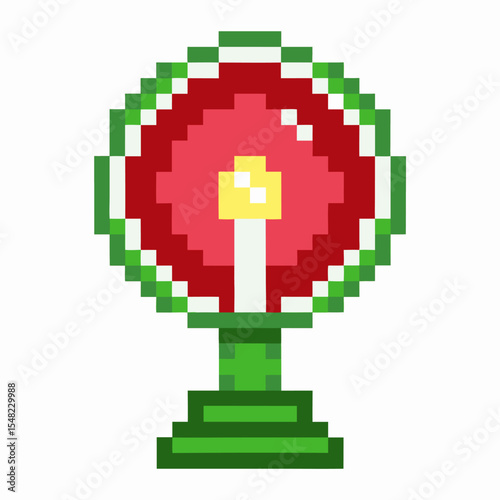 Pixel art watermelon lamp with glowing candle retro digital mosaic, green stand, red fruit, summer illumination icon