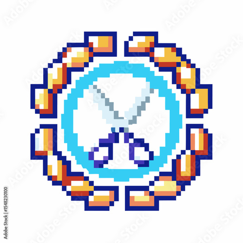 Pixel art scissors icon in circular blue and gold frame vintage tool symbol for cutting, creativity, digital design