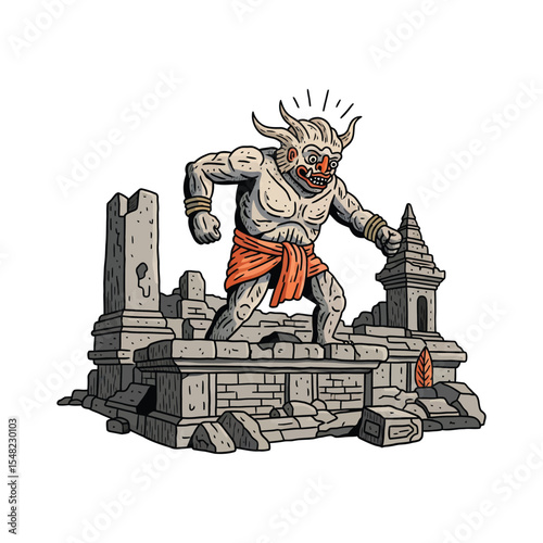Cartoonish Demon-like Figure with Horns Standing on Ruined Stone Structure.