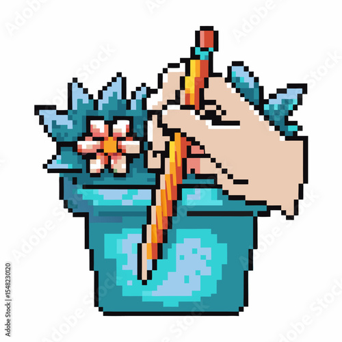 Hand drawing in potted plant, pixel art creative gardening, digital illustration, succulent, colored pencil scene