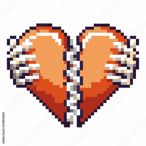 Pixel art broken heart held by skeletal hands, retro style, emotional loss, digital love, pixelated heartbreak