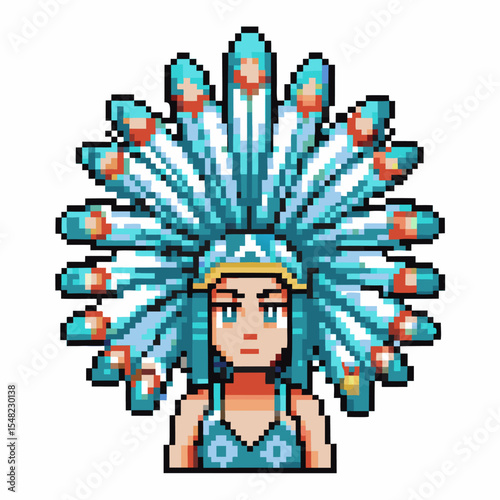 Pixel art woman with elaborate blue feathered headdress, traditional costume colorful retro digital game character design