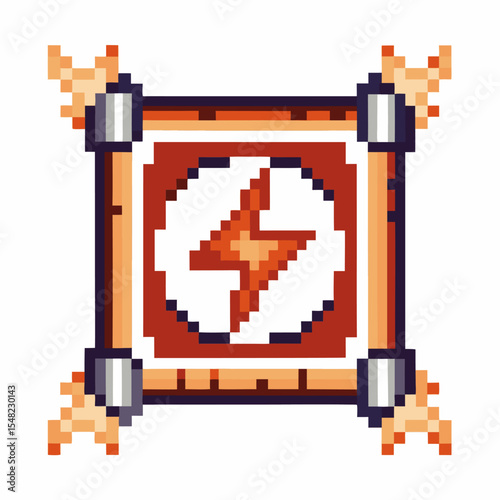 Pixel art energy icon in wooden frame lightning bolt symbol, retro video game element, digital interface power indicator