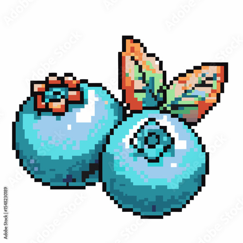 Pixel art blueberries with colorful leaves retro digital fruit illustration, vibrant design, healthy organic berry snack motif