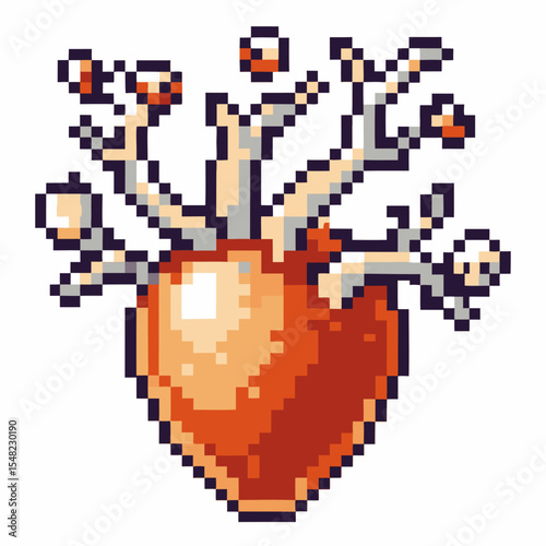 Pixel art heart with branching vascular system anatomical organ with arteries and veins retro medical illustration
