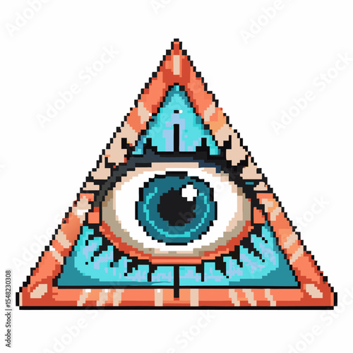 Pixel art mystical all seeing eye inside triangle illuminati symbol, visionary insight, ancient esoteric wisdom concept