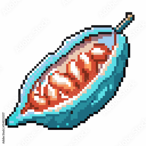 Pixel art illustration of an opened blue cocoa pod with exposed cocoa beans retro game, agriculture and food concept