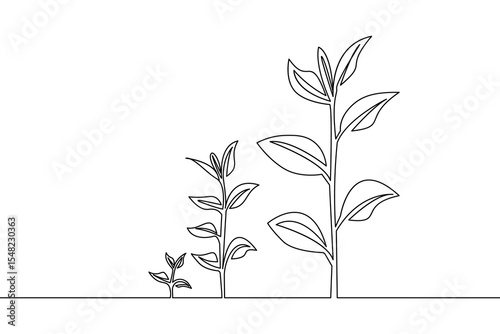 Simple continuous line drawing of plants representing growth and development concepts on a white background with abstract design.