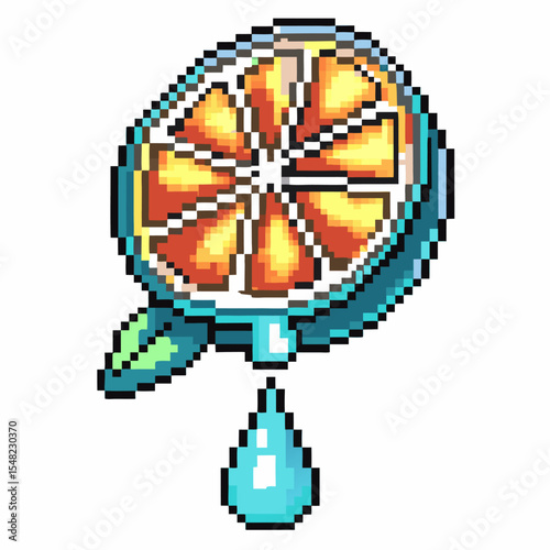 Pixel art citrus fruit slice being squeezed with juice droplet, retro digital design, fresh drink, vibrant color, juicy